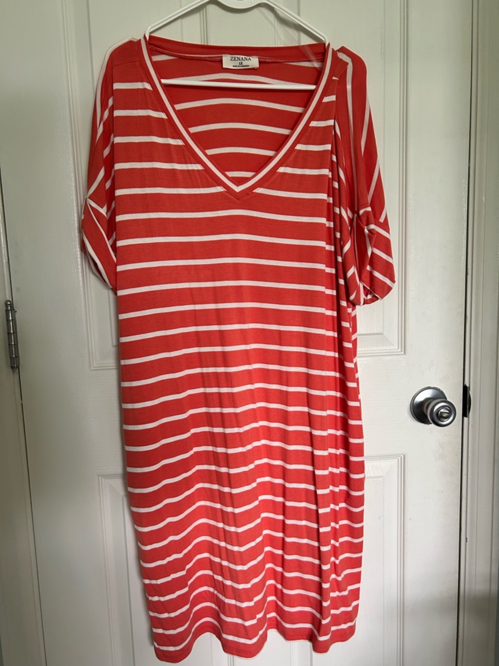 Zenana Outfitters Coral and White Striped V-Neck Midi Dress